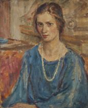 Dame Ethel Walker DBE ARA,  British 1861-1951 -  Portrait of a woman in pearls;  oil on canvas,...