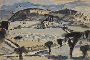 Julian Trevelyan RA,  British 1910-1988 -  Tuscan landscape, 1952;  watercolour, ink, chalk and...