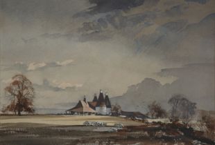 Rowland Hilder OBE,  British 1905 - 1993 -  Kentish Oast Houses;  watercolour, ink and gouache ...