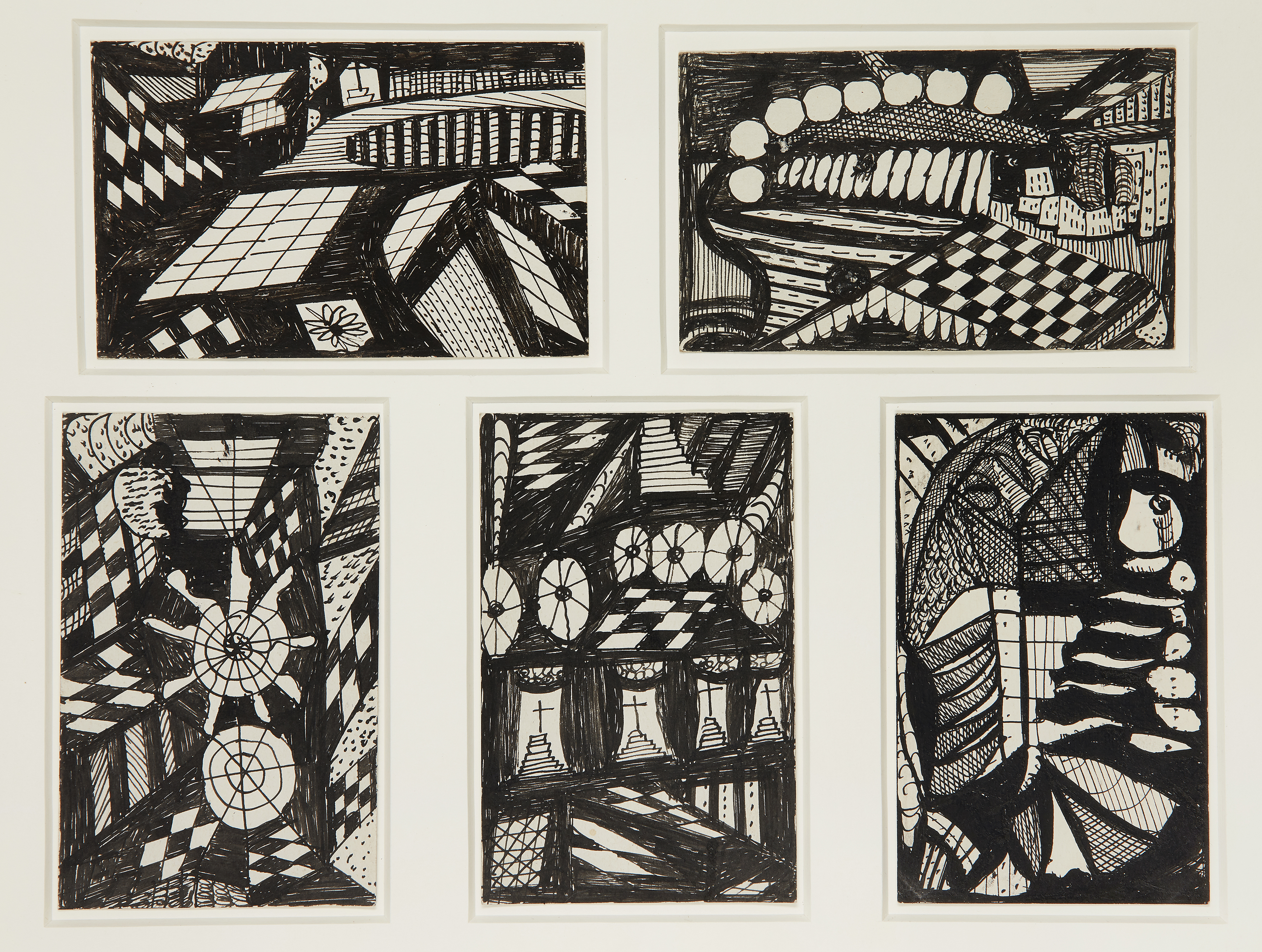 Madge Gill,  British 1882-1961 -  Mediumistic studies; 5 ink on paper works in shared mount, 25...
