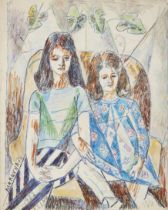 Marie Vorobieff Marevna,  Russian 1892-1984 -  Two girls, 1972;  ink and charcoal on paper, sig...