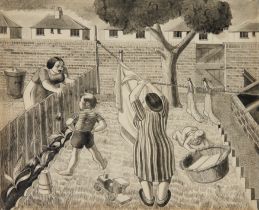 Colin Moss,  British 1914-2005 -  Suburban back garden, 1947;  watercolour on card, signed and ...