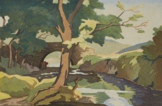 Eric Slater,  British 1896-1963 -  The Mill Stream, c.1935;  woodcut in colours, signed and tit...