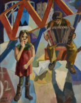 Anne Bulitis,  British 20th century - Girl and accordion player; oil on board, signed lower lef...