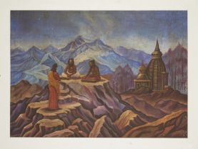 Svetoslav Roerich,  Russian 1903-1994 -  Holy Men beside a Temple in the Himalayas, 1942;  temp...