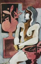 Geoffrey Key,  British b.1941 -  Nude woman with vases, 1985;  gouache on paper, signed and dat...