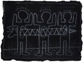 Keith Haring,  American 1958-1990 - Snake through three men (Subway Drawing), c.1980; white cha...