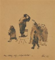 Harold Riley,  British 1934-2023 -  Man Selling Wigs - Salford Market, 1963;  ink and wash on p...