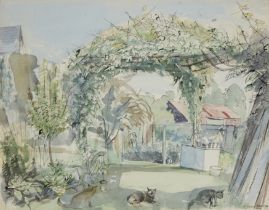 Richard Bawden,  British b.1936 -  Vine Arbour with Cats, 1991;  watercolour on paper, signed a...