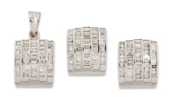 A pair of diamond earrings and matching pendant, each earring designed as a baguette diamond five...