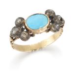 An early 19th century Italian turquoise and diamond ring, a fiocco style, the cabochon turquoise ...