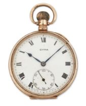 Cyma. A 9ct gold keyless wind open face pocket watch Chester hallmark for 1924 15 jewel keyless l...