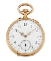 Swiss. A gold open face keyless wind pocket watch  With French gold marks, Circa 1890 Swiss lever...