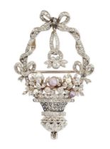 A Belle Époque diamond and pearl brooch, comprising a diamond set basket with diamond and pearl f...