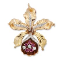 Steltman. A Dutch, gold diamond and ruby brooch, designed as a flowerhead spray with central bril...