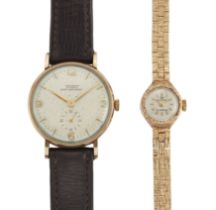 A group of two wristwatches and bracelet watches Comprising: a 9ct gold manual wind wristwatch, t...