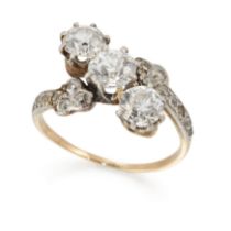 A diamond three stone crossover ring, the three old brilliant cut diamonds, with a total estimate...