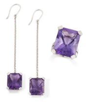 An amethyst ring and earrings, the ring with a rectangular facetted amethyst, approximately 2.1 x...