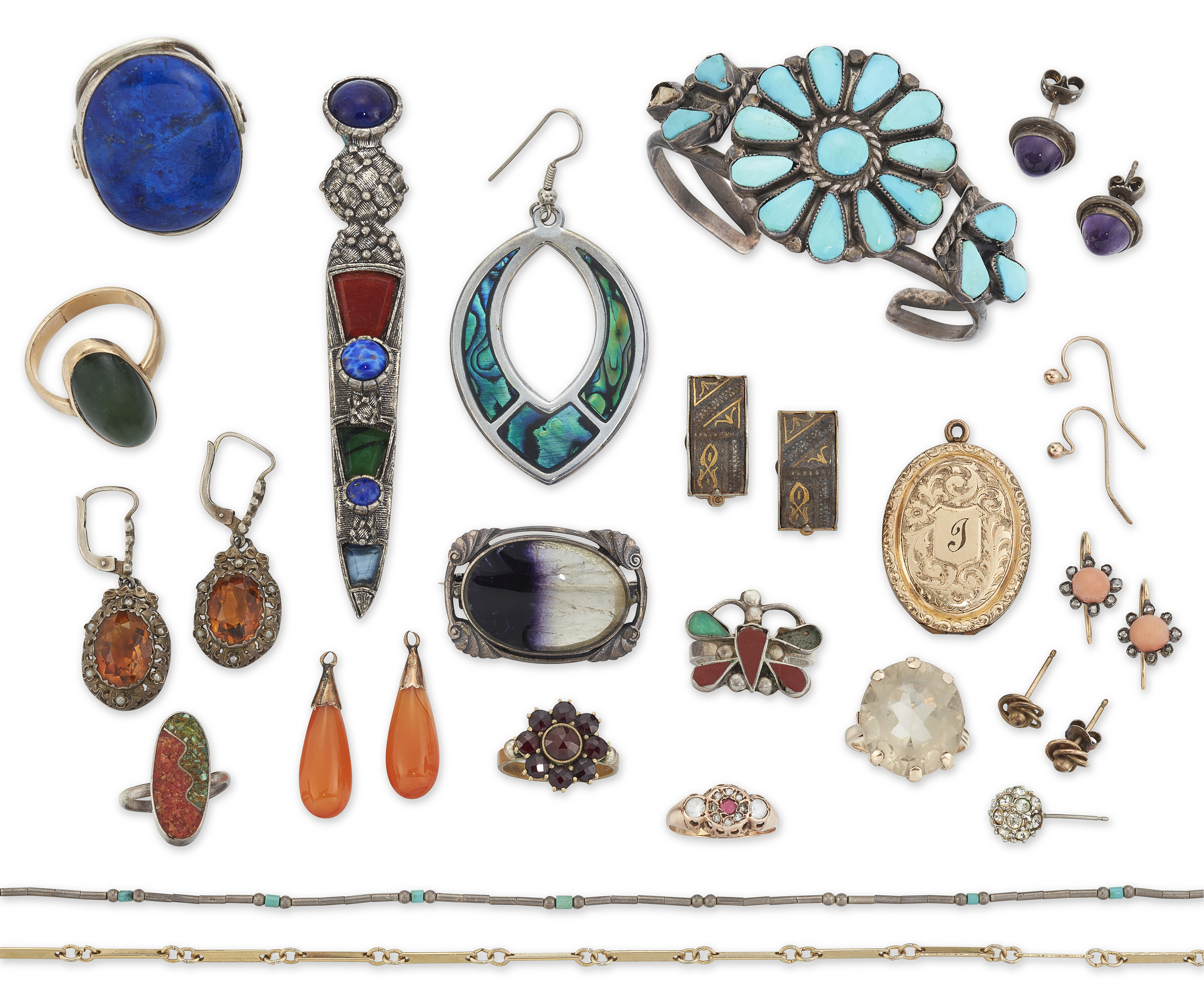 A group of jewellery, including: a pair of Victorian coral and diamond earrings mounted in silver...
