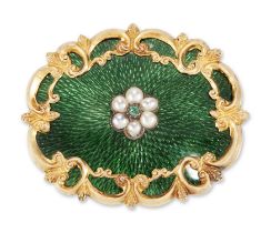 A Victorian enamel memorial brooch, with an applied emerald and half pearl cluster to green guill...