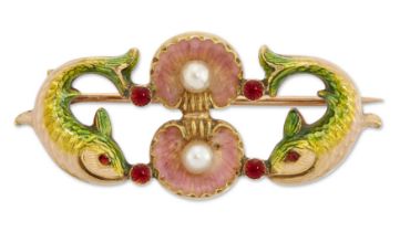 Phillips of Cockspur Street. A Victorian enamel and pearl fish brooch, attributed to Phillips of ...