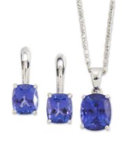 A tanzanite pendant and earrings, the pendant with a cushion cut tanzanite, approximately 12 x 10...