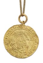 A pendant mounted Elizabeth I gold angel, 1559-1578, the obverse depicting St Michael, the revers...