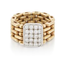 A diamond panel ring, the rectangular panel pavé set with brilliant cut diamonds, to a flexible g...