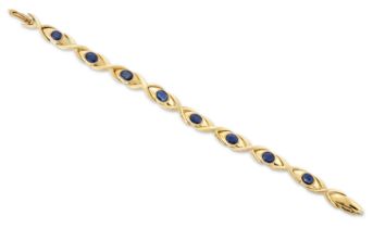 A sapphire set bracelet, with oval mixed cut sapphire set marquise links, joined by x shaped link...