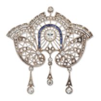 An early 20th century diamond brooch, of pierced openwork design, the rose cut diamond set twin r...