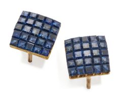 A pair of sapphire set panels, the panels of square outline and slightly convex form, invisibly s...