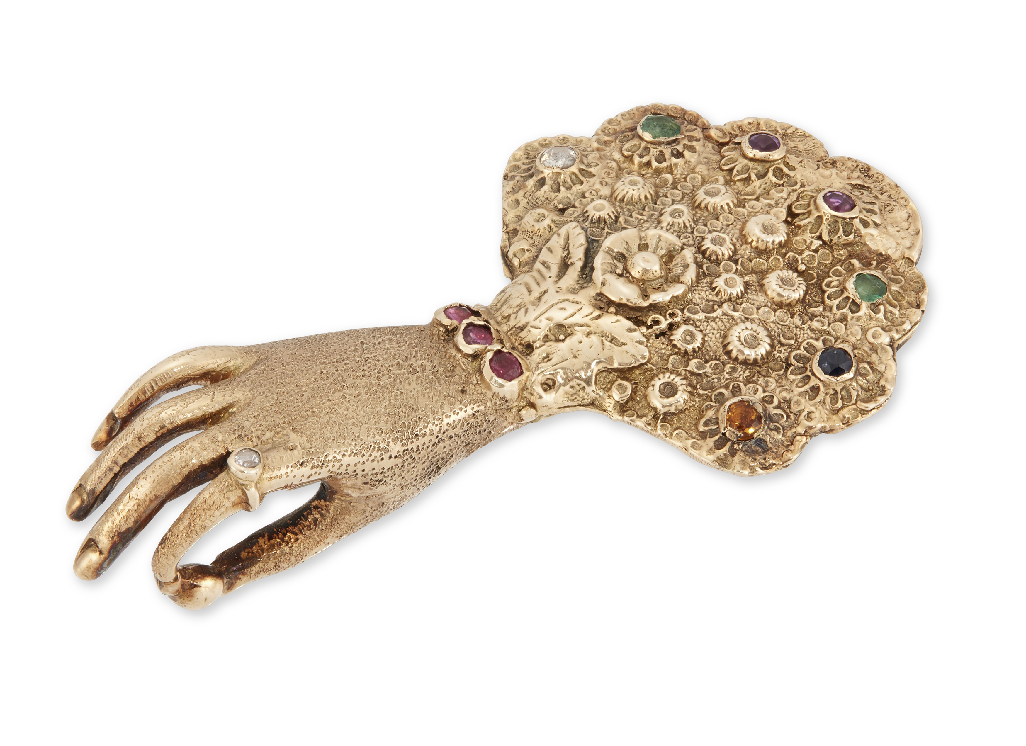 A 19th century acrostic brooch, in the form of a hand wearing a rose cut diamond set ring and rub...