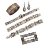 A group of 19th century Scottish pebble jewellery, all set with grey banded agate, comprising: a ...