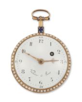 Valaire, Paris. A gold, enamel and seed pearl open face pocket watch  Circa 1830 Gilt metal full ...