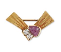 An early 20th century Russian, gold ruby and diamond brooch, of stylised bow design, set in the c...