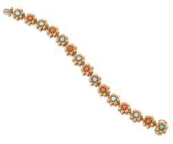 Van Cleef & Arpels. A coral and turquoise reversible bracelet, double sided floral links in alter...