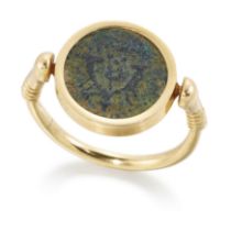 A coin mounted swivel ring, the ancient bronze coin (worn), bezel set to a swivel head and round ...