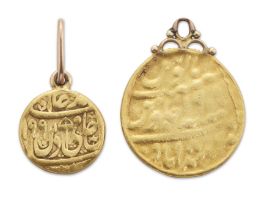 Two India pendant mounted gold coins, heavily worn, probably an Indian mohur and half mohur, both...