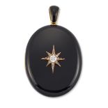 A Victorian gold, onyx and diamond locket, the oval locket with an old European cut and rose cut ...