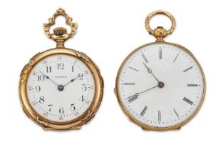 Two gold fob watches Circa 1900 Comprising: a 14ct gold Waltham open face fob watch with embossed...