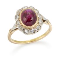 A ruby and diamond cluster ring, with an oval cabochon ruby to surround of rose cut diamonds, Fre...