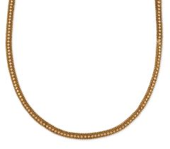 An 18ct gold mesh link necklace, with applied quatrefoil plates and pellet border, to box clasp, ...