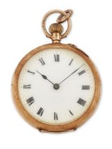 Swiss. A 12ct gold keyless wind open face fob watch London import hallmarks for 1909 Jewelled key...