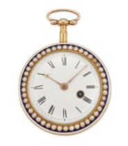 Rundell and Bridge, London. A gold, enamel and split pearl set open face lever pocket watch  Gilt...