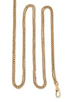 An early 20th century gold long chain, of facetted trace link design, with swivel clasp, length 82cm