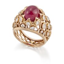 An Egyptian ruby and diamond bombé ring, with an oval cabochon ruby, approximately 9.1 x 7.8 x 4....