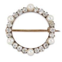 A 19th century seed pearl and diamond brooch, of wreath form, mounted in silver and gold, diamete...