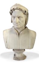 A marble portrait bust of Dante Alighieri, third quarter 19th century, depicted wearing a cap and...
