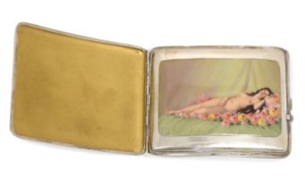 A Continental silver and enamel cigarette case with concealed erotic scene, late 19th / early 20t...