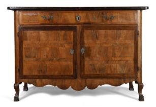 A North European inlaid walnut buffet, last quarter 18th century, long drawer above two doors and...